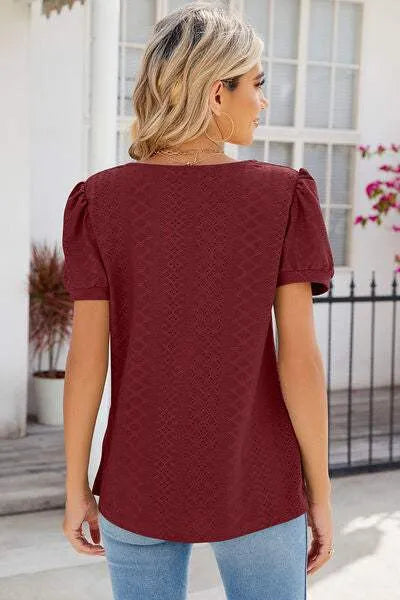 Eyelet Puff Sleeve T-Shirt Women's T-Shirts - Tophatter Daily Deals
